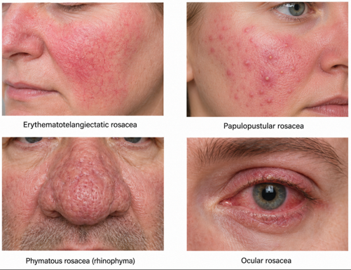 Four traditional clinical presentations of rosacea: erythematotelangiectatic, papulopustular, phymatous and ocular rosacea